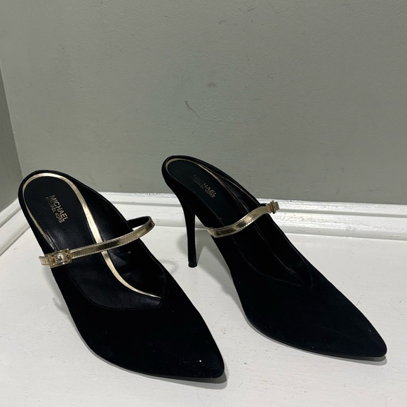 Michael Kors Black Suede Mule Heels with Gold Straps-size 11 - Picture 5 of 9
